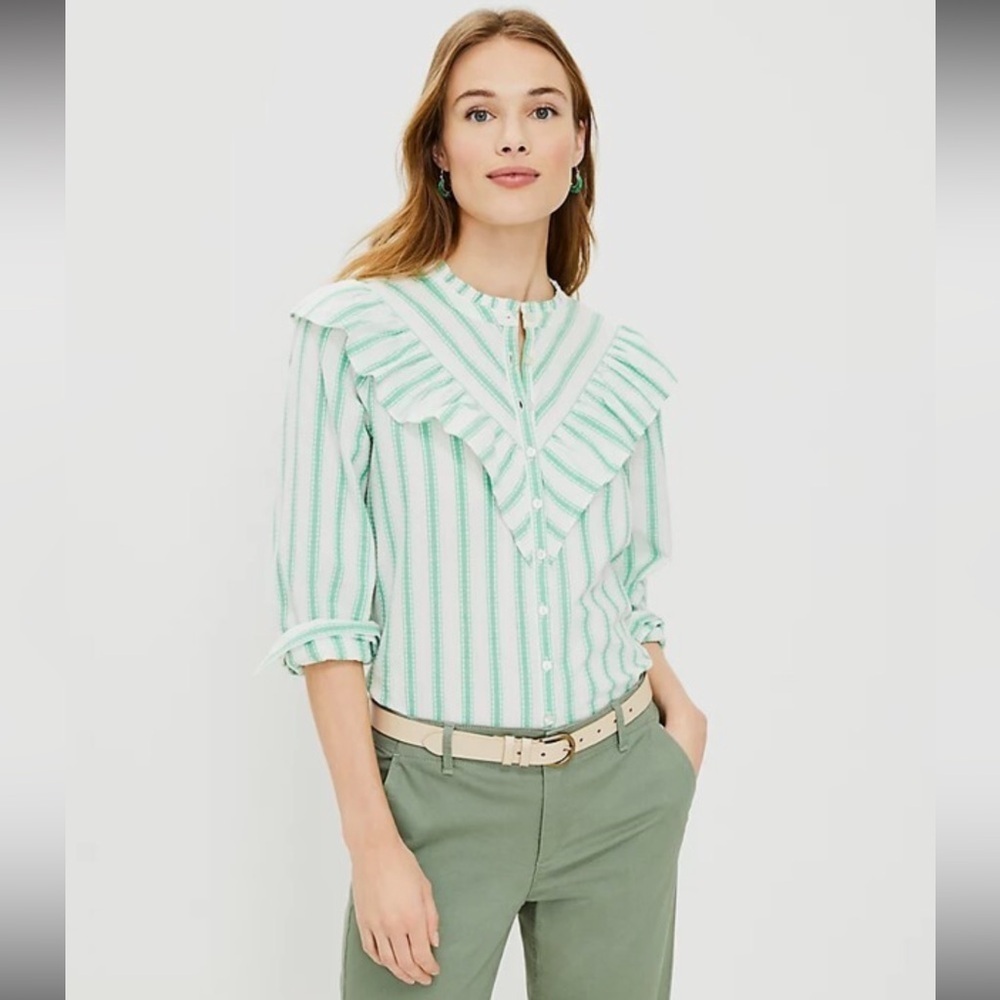 LOFT Women's Dobby Stripe Ruffle Shirt Green White Cottagecore Western Large